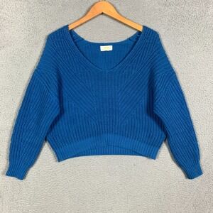Anthro Maeve Sweater Womens XL Blue V-Neck Sculptured Knit Pullover Cotton Blend